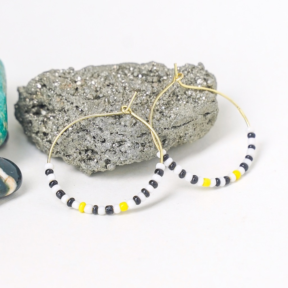 Seed Bead Hoop Earrings Handmade White Black & Yellow Brass Gold